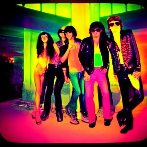 the coolest rock n roll band ever, bright colors, neon lights, party with me