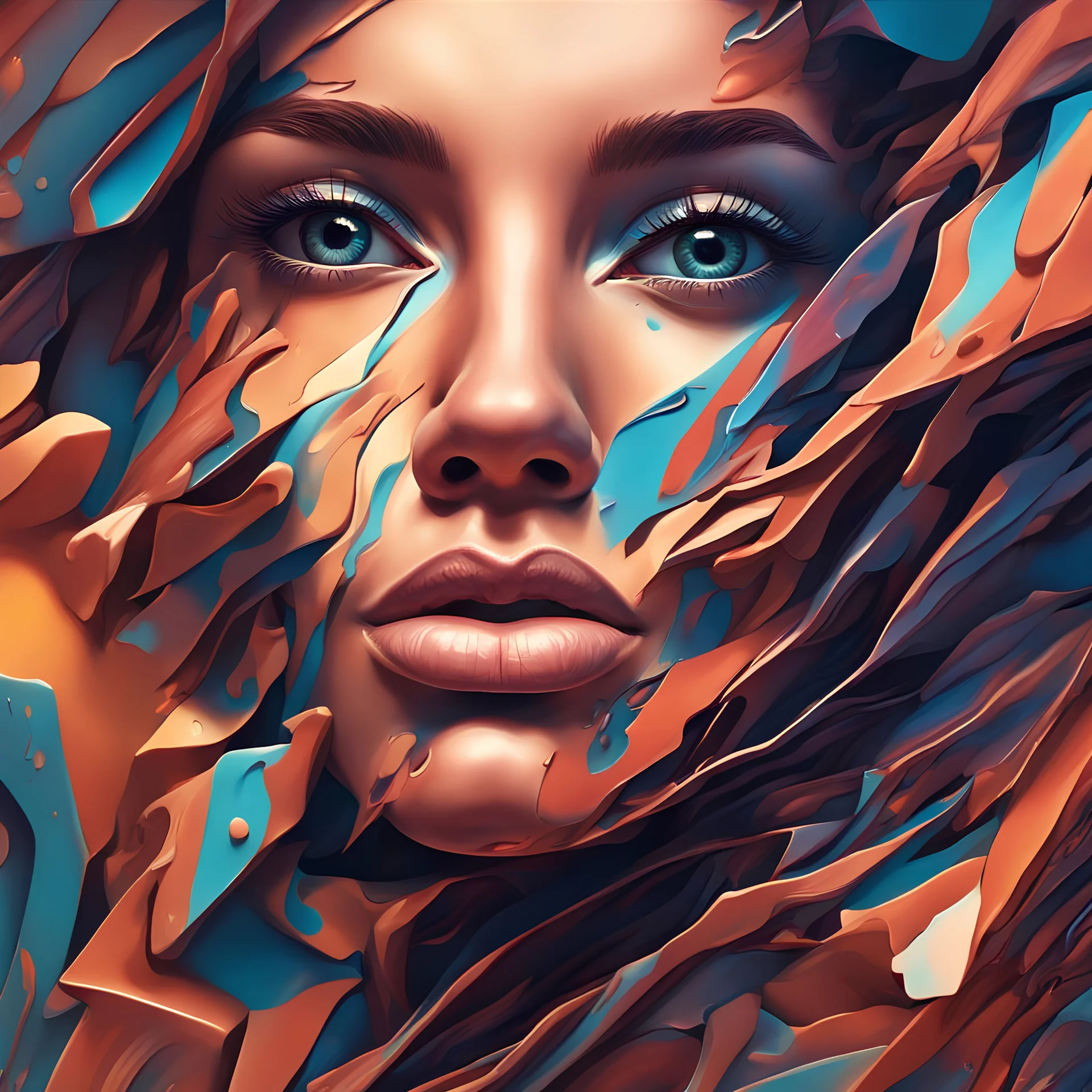 Ultra close insanely detailed face of a beautiful woman emerging from a 3d abstract background, Hyperrealistic, splash art, concept art, mid shot, intricately detailed, color depth, dramatic, 2/3 face angle, side light, colorful background