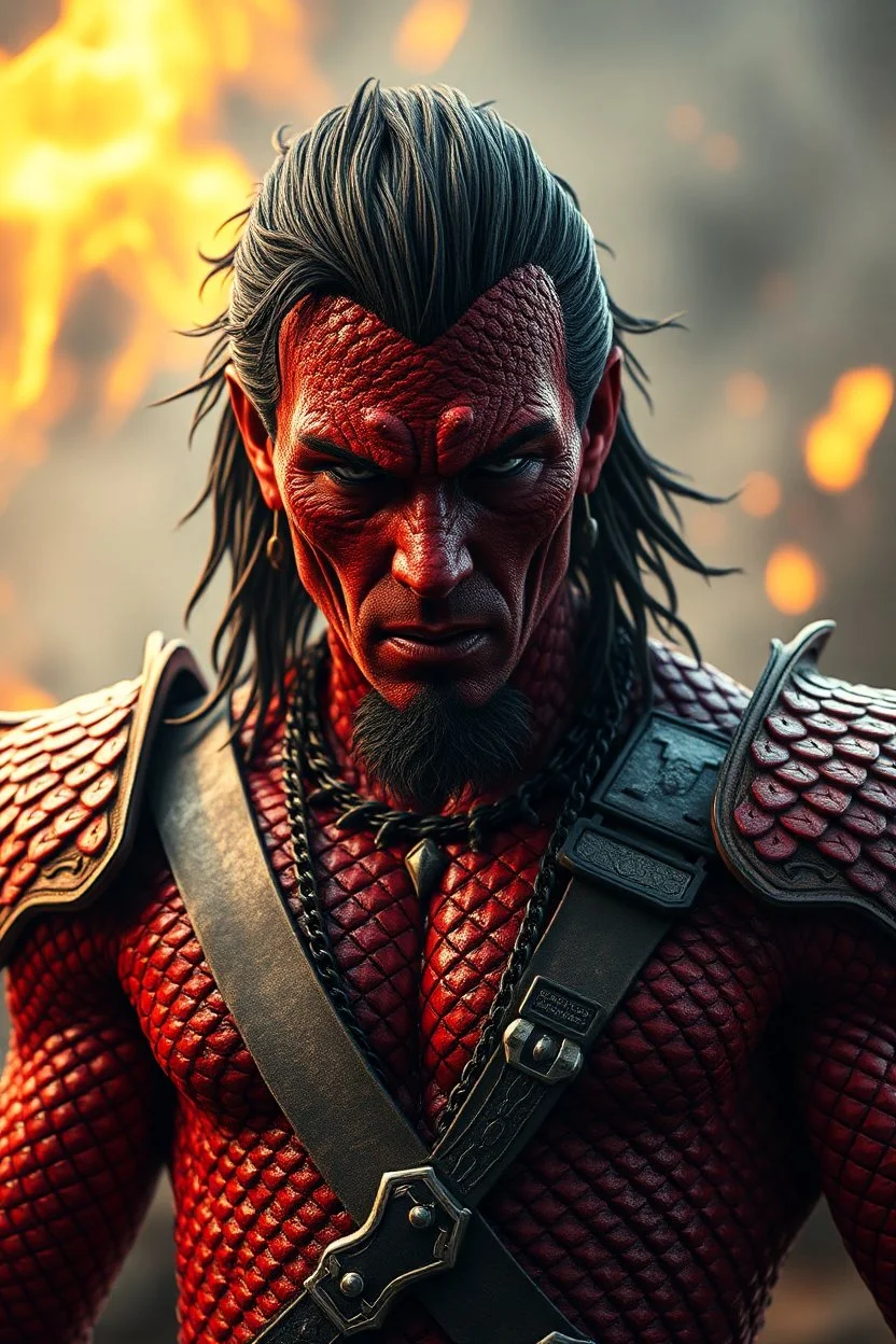 Mike Jagger in red skin, scales, unreal engine 6, high detail, intricate, cinematic. photoshoot style, intricate, studio lighting, Fire, smoke, masterpiece , highly detailed, 8k, best quality, dramatic,d,<lora:mshn:0.7>,<lyco:Warrior_Couture:0.5>,