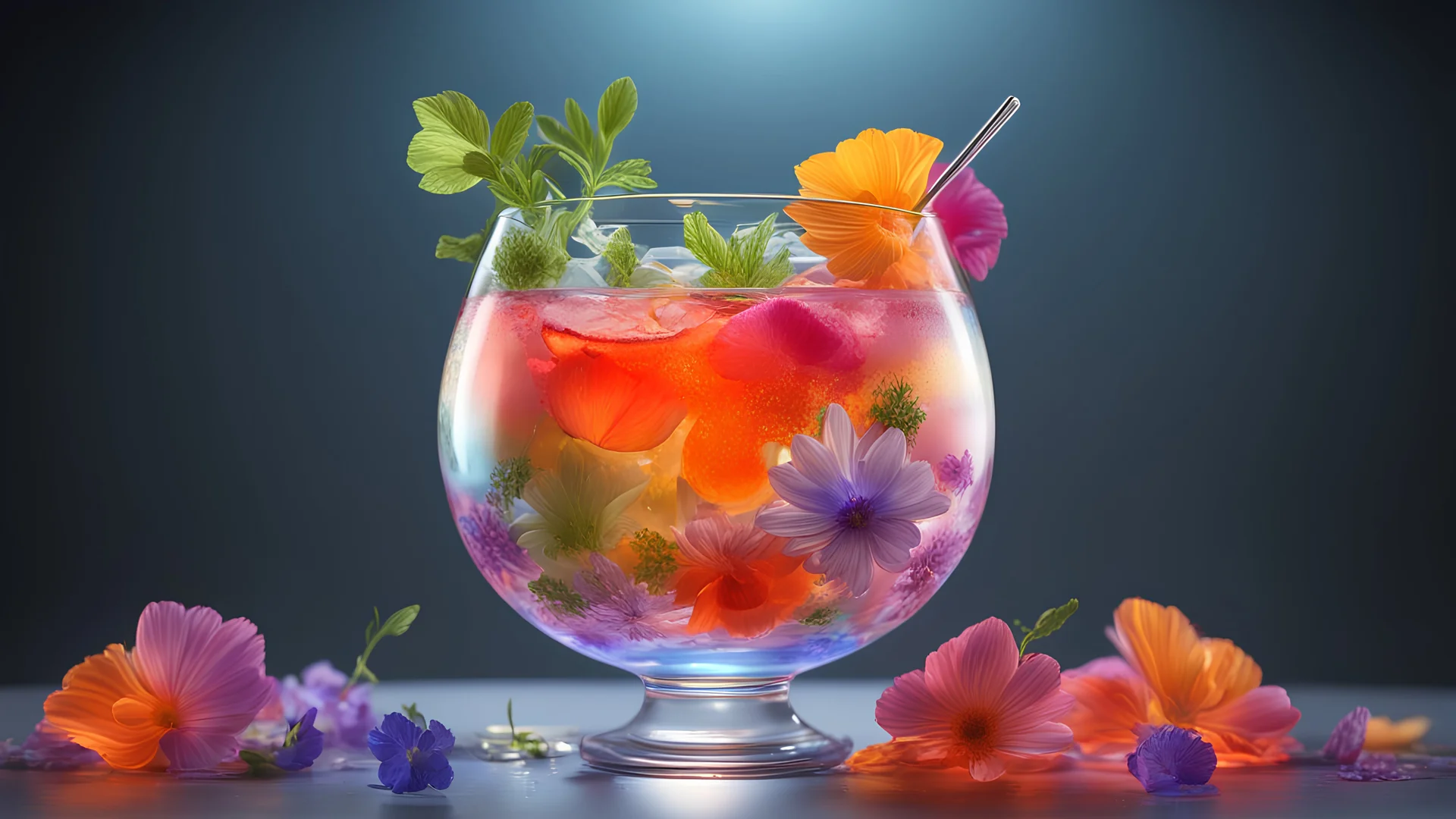 A cocktail served in a clear, spherical glass, filled with layers of colorful, translucent liquids and garnished with edible flowers and fresh herbs. The drink emits a gentle, glowing light from within, Ultra Realism, beautiful intricate insanely detailed octane render, 5d, 16k, artistic photography, perfect light, chiaroscuro, award-winning photograph, masterpiece, rule of thirds, 35mm lens, adjust perspective