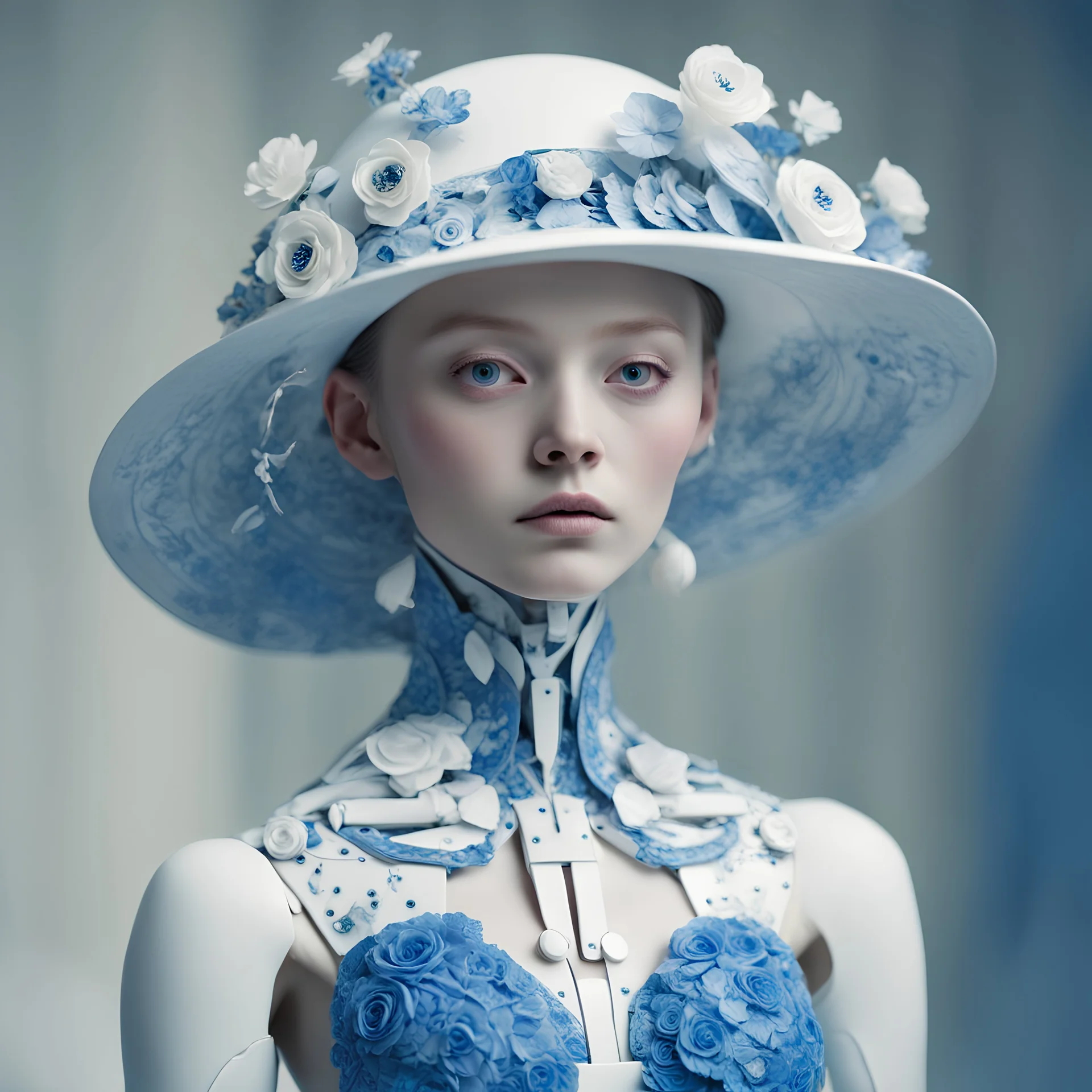 create a woman in a blue dress and a white hat, porcelain cyborg, behance favourite, fully robotic!! girl, young girls, flora, doll, inspired by Taro Okamoto, genevieve o'reilly, still from alita, white balance, vogue italy, anthropomorphic _ humanoid, todd macfarlane, shot with Sony Alpha a9 Il and Sony FE 200-600mm f/5. 6-6.3 G OSS, natural light, hyper-realistic photography, ultra detailed -ar 1:1 -q 2 -s 75