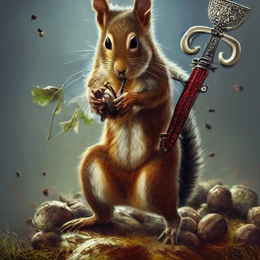 highly detailed and realistic squirrel, dressed as a medival soilder with sword and shield, guarding his nuts high detail, realism, vibrant colours, graffiti accents, complementary colours, splash art, perfect composition, beautiful detailed intricate insanely detailed octane render trending on artstation, 8 k artistic photography, photorealistic concept art, soft natural volumetric cinematic perfect light, chiaroscuro, award - winning photograph, masterpiece, oil on canvas, raphael, caravaggio