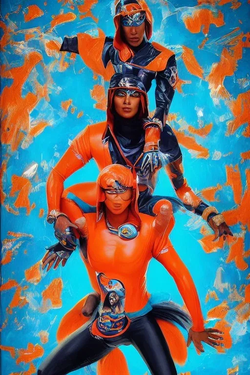 Coptic Art photorealistic portrait painting Afrofuturism style of Zoolander Miami Dolphins-themed female superheroine orange and teal skin-tight costume Reisha Perlmutter Leng Jun Stan Lee Joseph Ducreux Kehinde Wiley Boris Vallejo Jeff Koons Marvel Comics chunyu japanesehighschool academic art street art 64 megapixels Pixar, Disney 3d digital art, Maya 3D, ZBrush 3D shading dynamic lighting iridescent