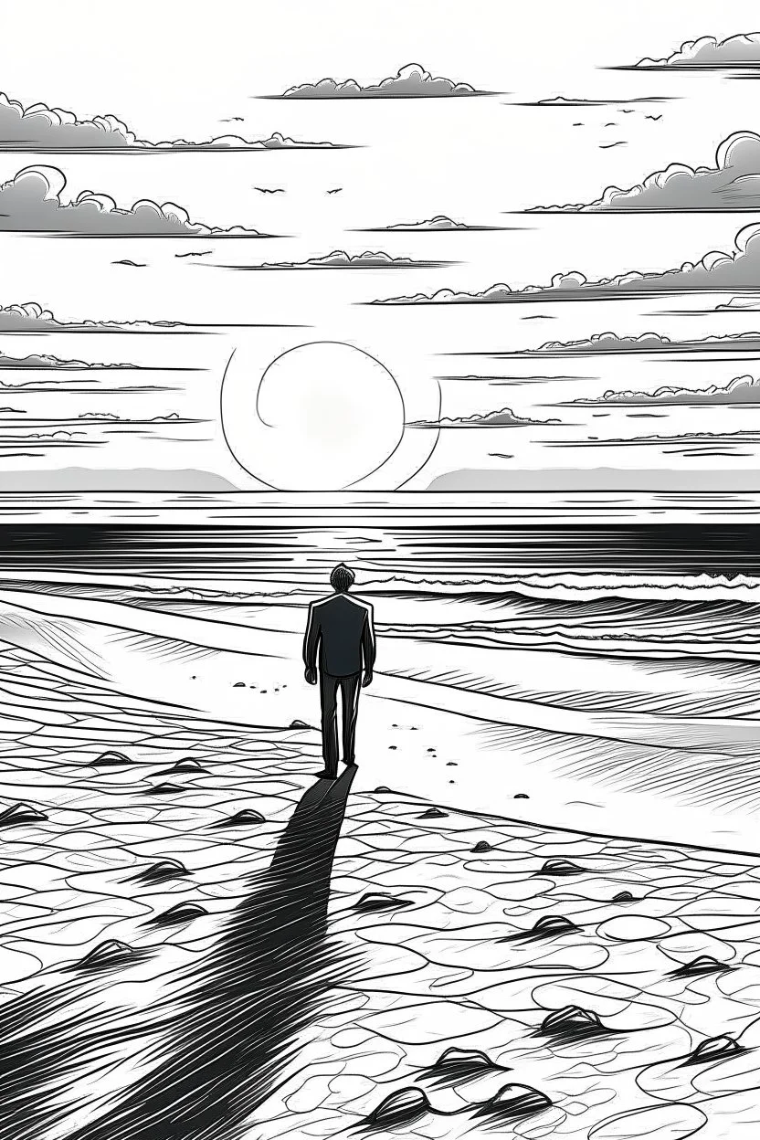 A solitary figure stands on an untouched, sandy beach, gazing at the setting sun painting the sky with warm hues in black and white. Footprints in the sand lead towards the horizon, symbolizing the freedom to explore and reflect in peaceful solitude.coloring book page, simple and clean line art, adult drawing book, black and white, crisp black lines, no shades, sharp lines, coloring book for adults, cartoon style, landscape