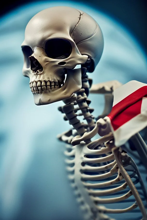 A close up of a skeleton face looking at the camera from a mysterious side view. Deep bony features and inside the hollow eyes are red shining lights, scary. Dressed in an astronaut suit floating in space. On his suit is an American flag and in his one hand is a small wavering American hand flag. From the back of his suit is blowing out blue, white and red smoke. Realistic, 8k, highly detailed, funny