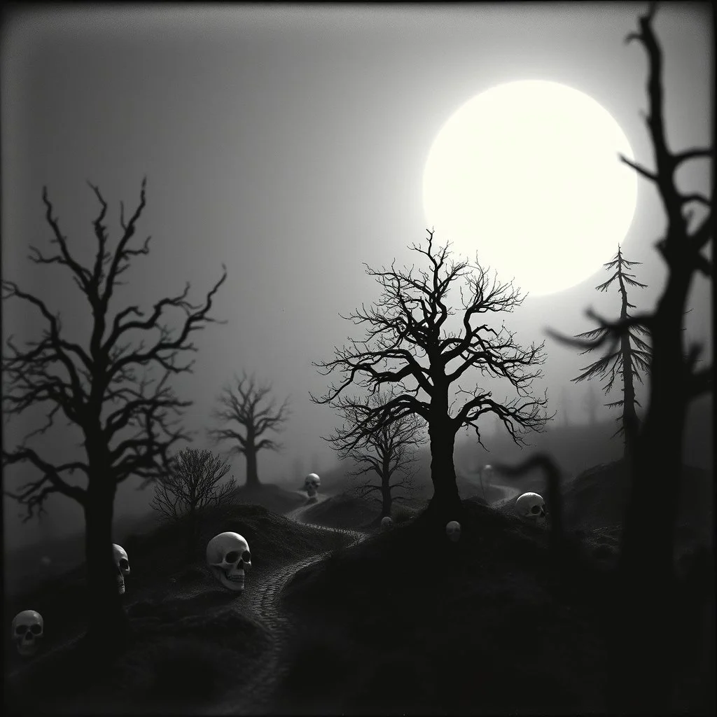 Close-up Ilford photograph of a creepy surreal landscape, eerie, Minicavio Quollati style, very surreal, trees, spooky, metaphysical objects, giant sun, intricate, thoughtful, appalling, deep 3d field, 8k, hypermaximalist