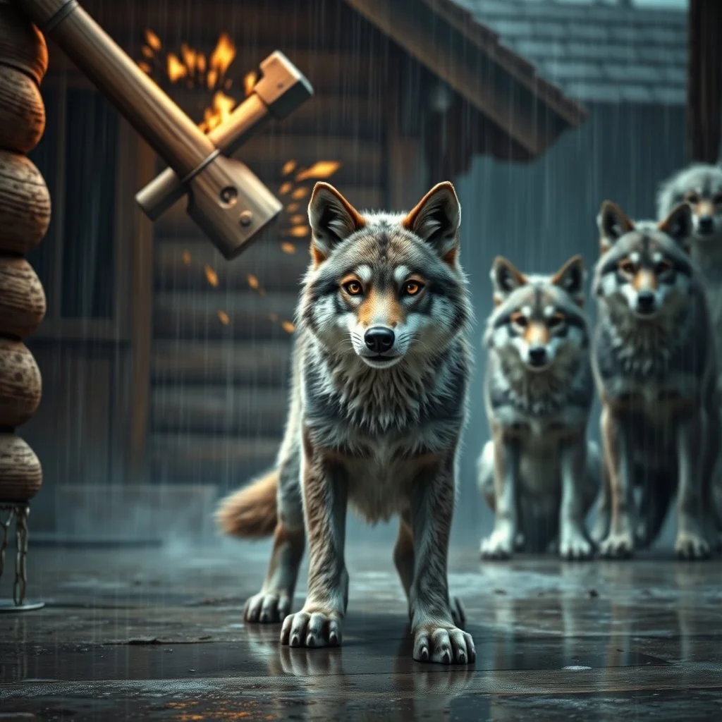 A group of anthropomorphic wolves react in surprise as a large hammer slams into an wooden house wall. one young anthropomorphic wolf's figure in bodyhair positioned in the foreground with empty paws, in the background, other anthropomorphic wolves watch the scene unfold with expressions of shock and with surprise faces. high realistic, detailed, sci-fi, digital art, dark fantasy mood, rain, deep colors, sharp lines, cinematic
