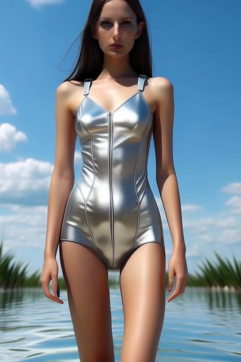 woman, skinny, flat chest, silver onepiece swimsuit, photorealistic, similar hanalei reponty