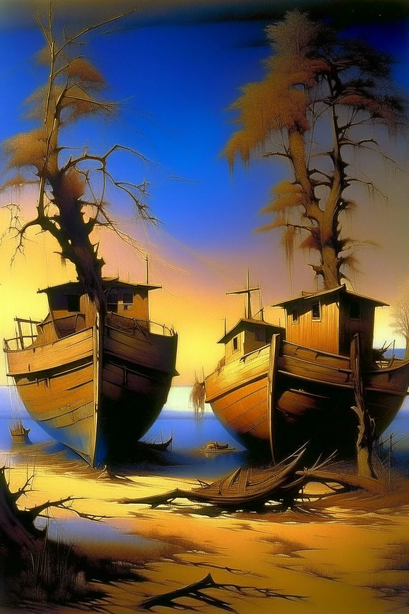 abandoned boats, Maxfield Parrish, Yves Tanguy