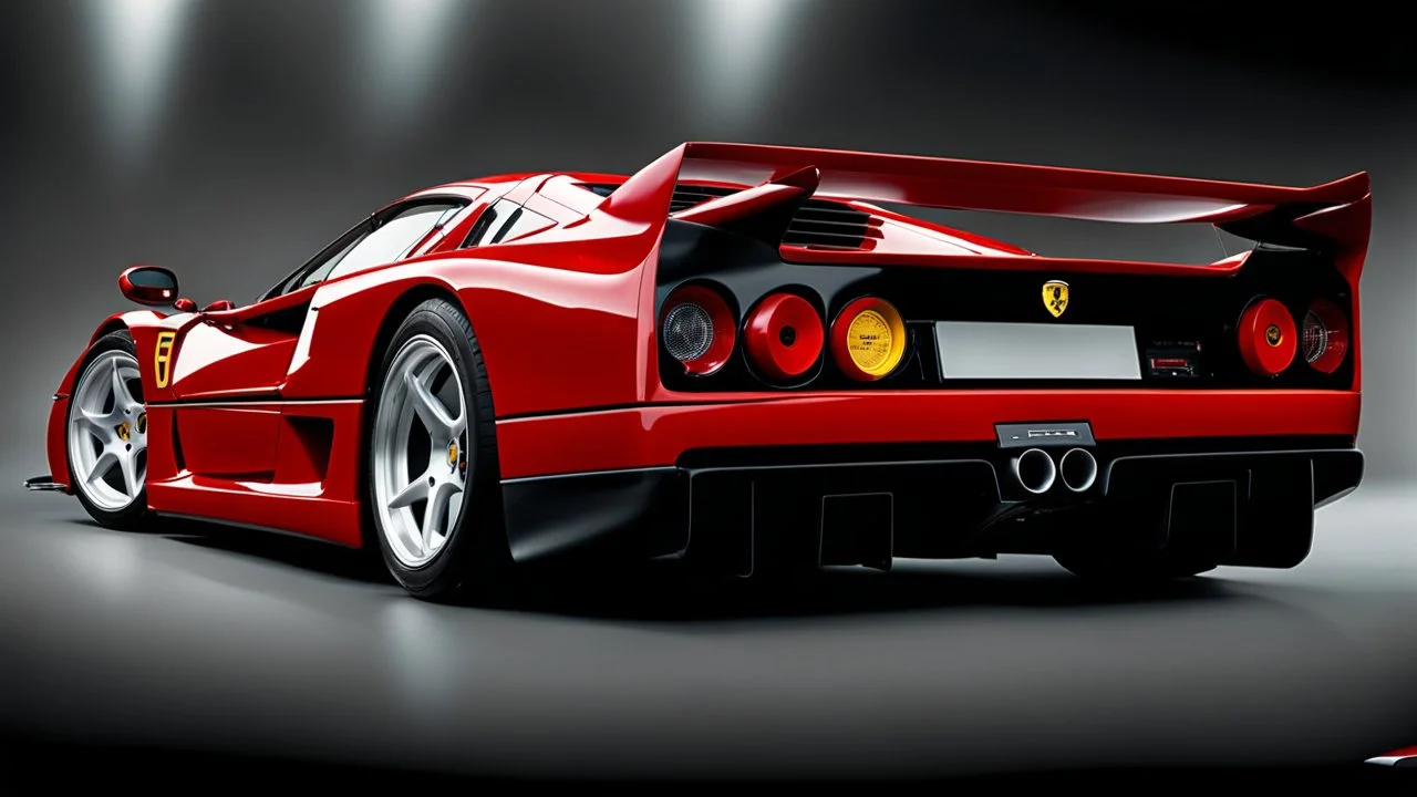A sleekly designed (((Ferrari F40))), undergoing a luxurious (((modern upgrade))) with cutting-edge technologies from 2024, its form beautifully captured mid-metamorphosis, rear view