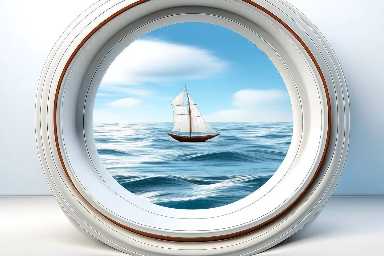 white,background,looking,through,a 3-d, hole,or,window,,a,seeing into an,ocean,with,sailing,boat