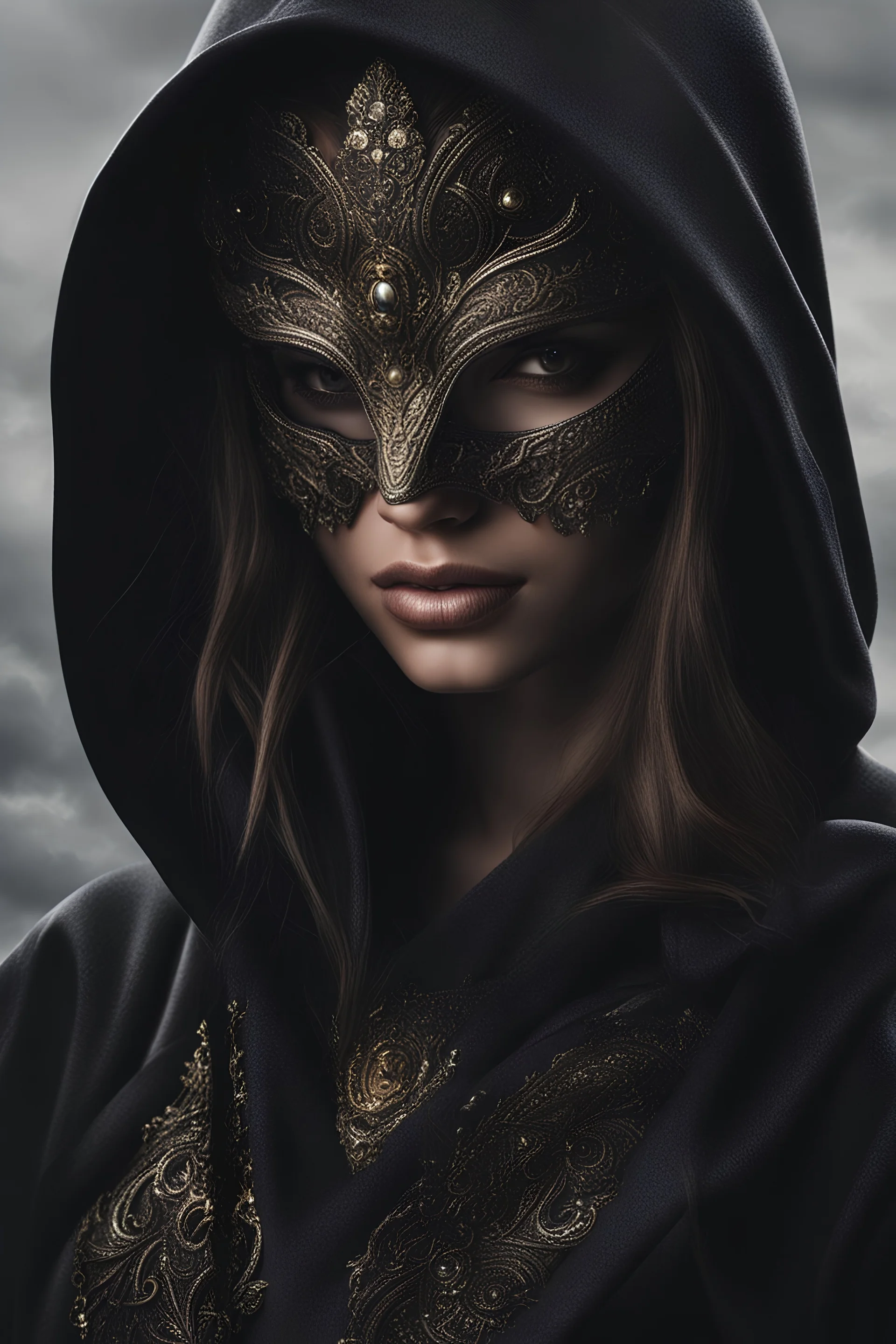 close up portrait shiny cat eyes woman, wearing dark hoodie, very detailed, sharp focus, random background, dark fantasy, stunning