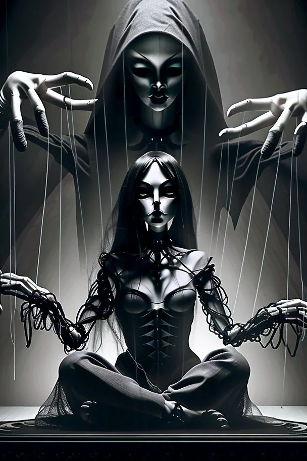 A dramatic digital mage of a woman seated on a table,facing to the front ,she is connected to string like a puppet, arms in air, moved by the strings, puppet like features in the face, beautiful face, behind her also facing the front is the puppet master,is a huge image of a man holding the strings, creepy gothic character,.zoomed in, dark and shadowy background with selective lighting on the woman, gothic and chaotic