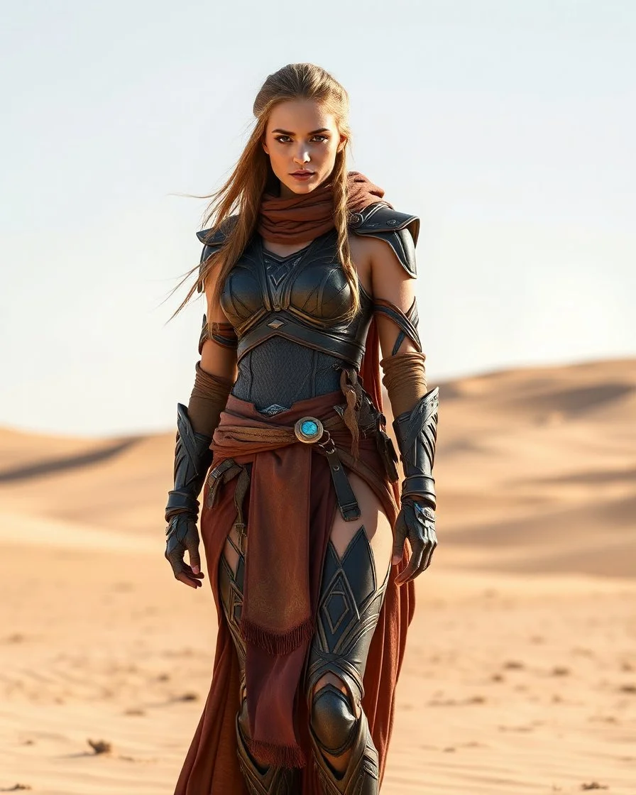 Dune Movie character ,fullbody stand on the desert Young Woman Warrior futuristic clothing ,deep blue eyes in Dune Movie Character