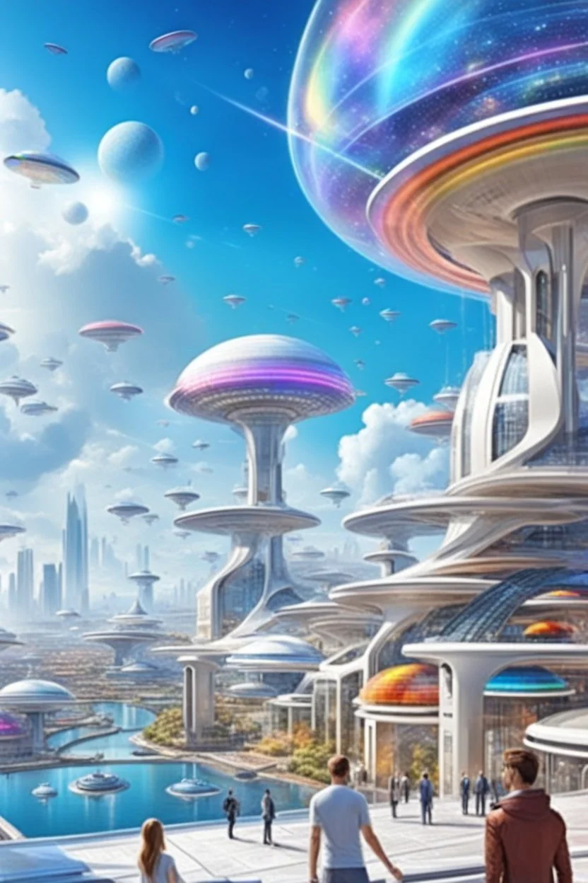 ville futuriste ultra moderne, ufos, rainbows,intergalactic city