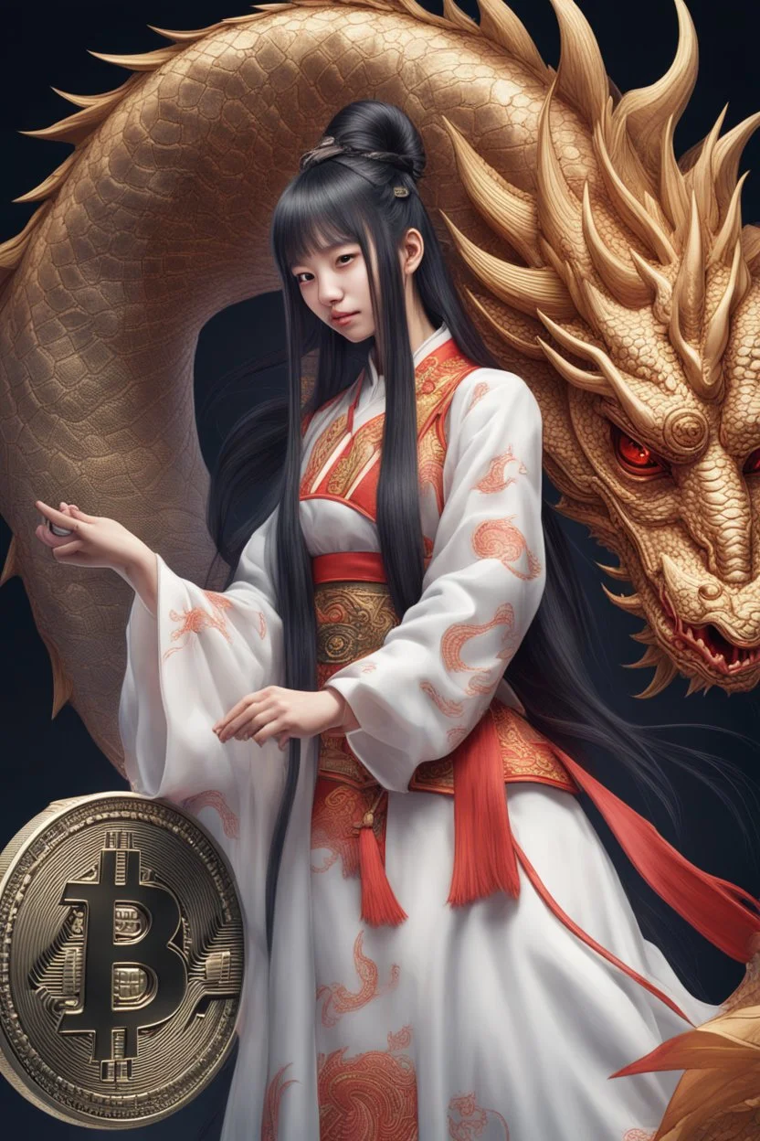 Bitcoin cryptocurrency in the hands of a traditional chinese girl with black long hair, dragon