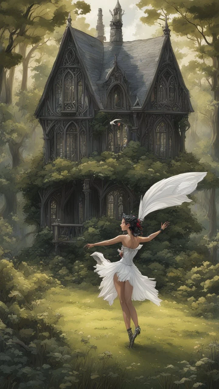 slim nymph dancing in a woodland clearing, with a gothic woodland house behind her.