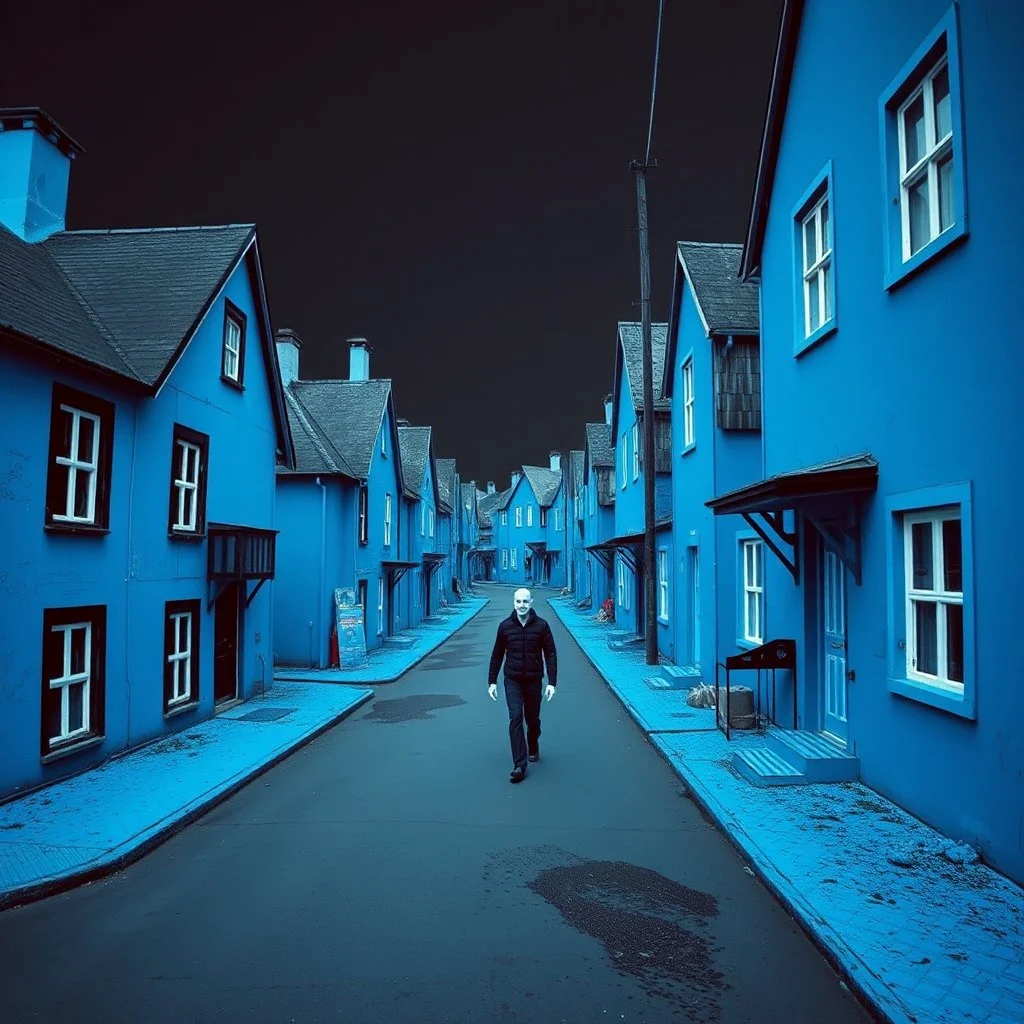 Fotografia di strada blu gioioso weirdcore dai colori vivaci. Max Ernst. Le case sono dipinte di nero chiaro con g stilizzate e dettagli. Ci sono, che danno un senso distopico e molto surreale, disposte in modo casuale. L'atmosfera generale sembra noiosa e onirica, con un contrasto tra elementi reali ed elementi dipinti. Persona finta cammina