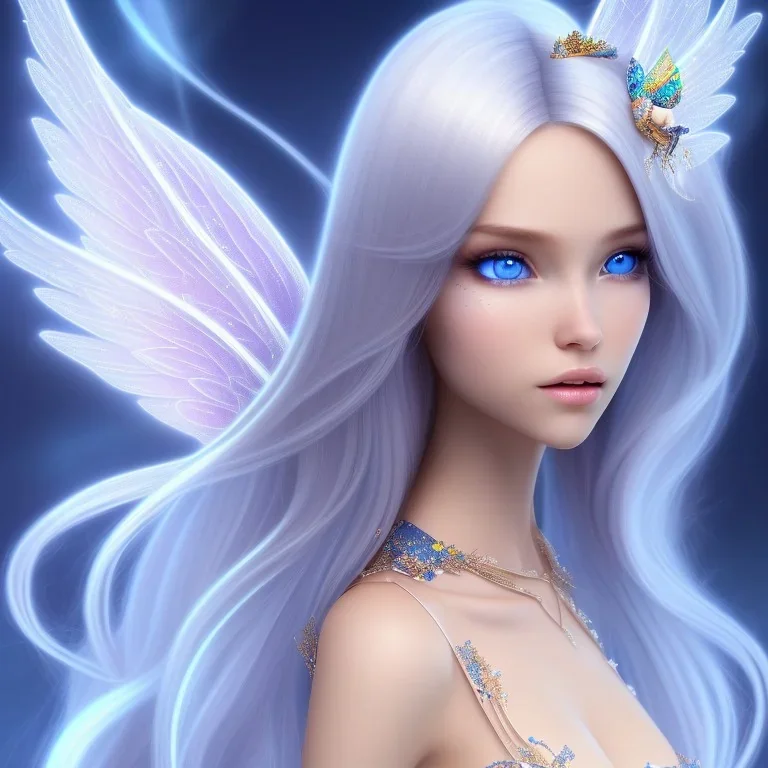  beautiful, soft, smiling, long and straight blonde hair, bluish background, fairy wings on the back