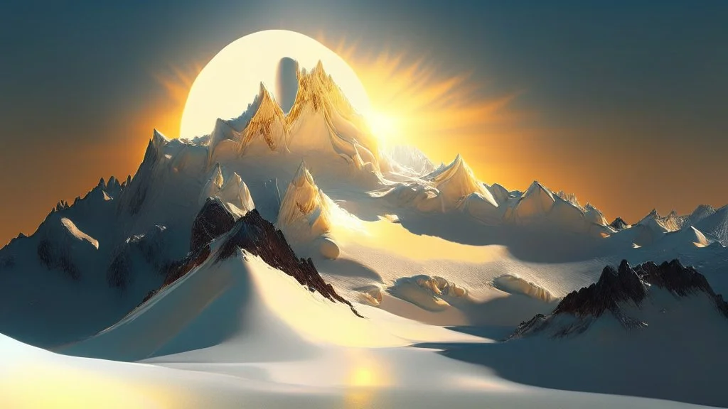 an ivory mountain with an icy sun behind it