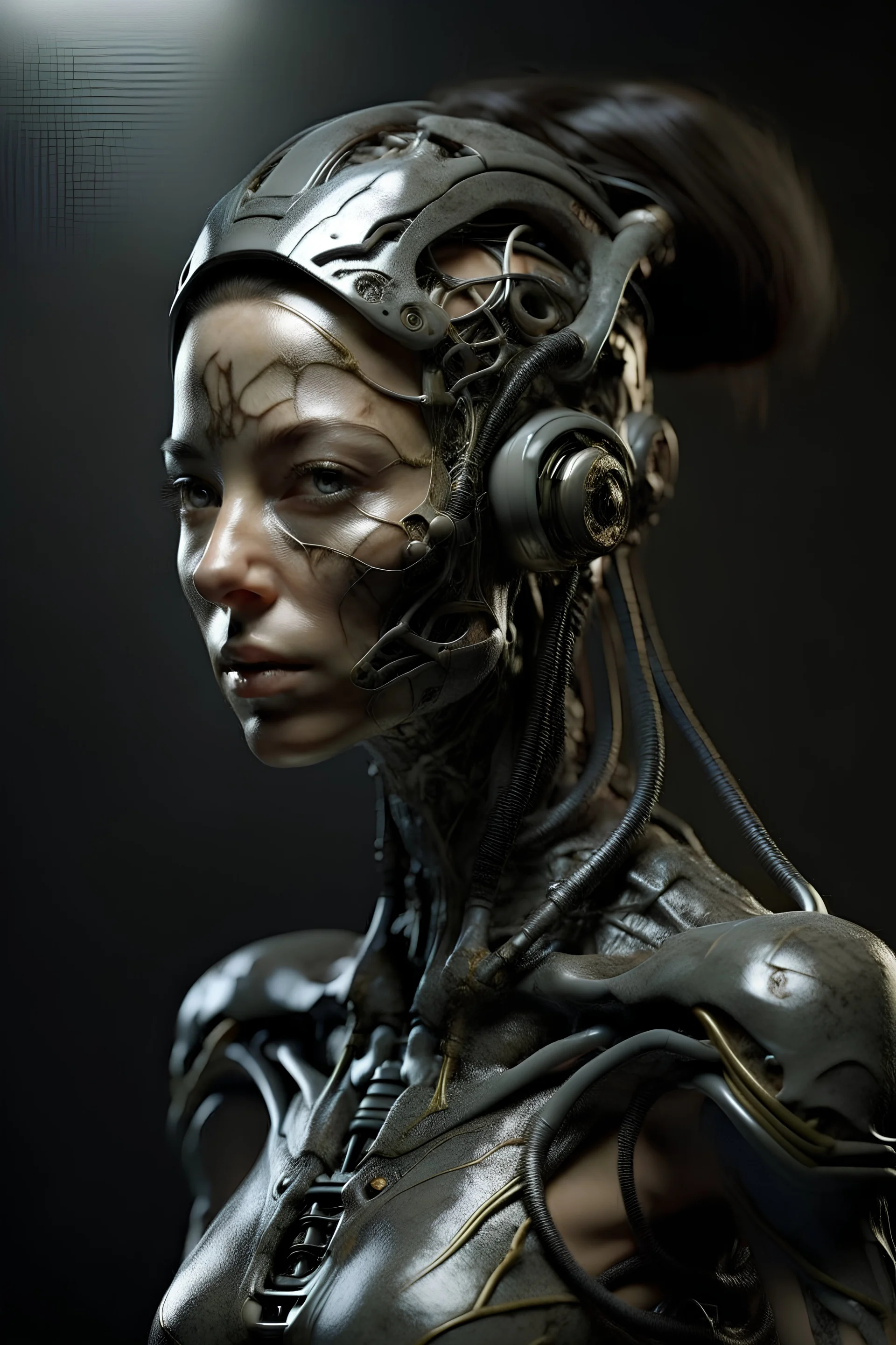 Cyborg female evolving | flesh is growing absorbing the Metal | concrete floor | detailed | fine art | highly detailed | smooth | sharp focus | ultra realistic | full body portrait view, Mysterious