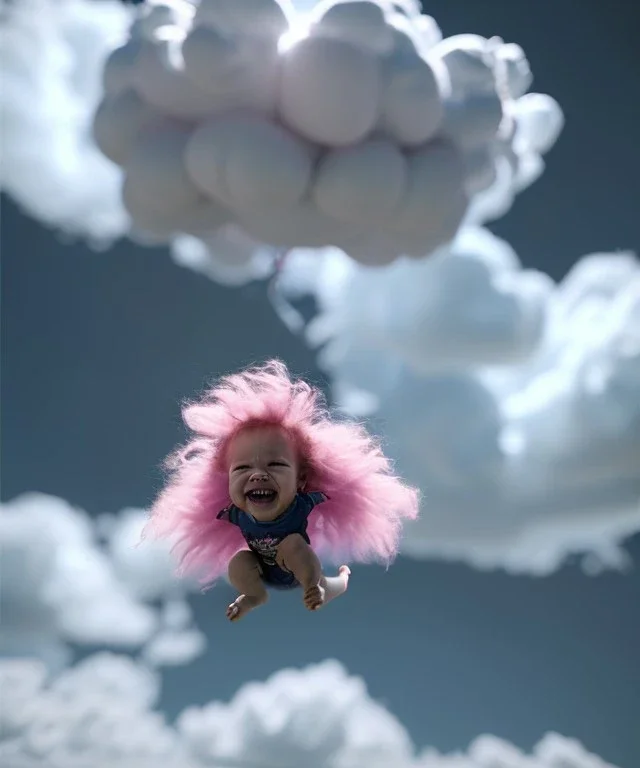 Ultra realistic clouds sky scene, wide angle, medium shot view, portrait, sweet Child, free jumping flying, trinkets, monster hair, hair monster, jelly beans, balls, smile, happy, circus style, inflatable color clothing, extreme, wind, clouds sea, 20,000 feet altitude, stratosphere, soft color, highly detailed, unreal engine 5, ray tracing, RTX, lumen lighting, ultra detail, volumetric lighting, 3d, finely drawn, high definition, high resolution.