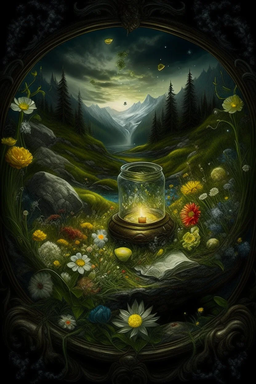 Hyperrealism against the background of a spring landscape in the forest +mirror with a tsunami whirlpool +mountains +ritual +candles+dried flowers+wildflowers+moss++decoupage of flowers+embroidery technique+braided beads+vine+moonlit night,fabulous landscape,surrealism,realism,naturalism,dot technique,microdetalization,high detail objects,digital illustration,volumetric clarity,dark fantasy,dark botanical, professional photo