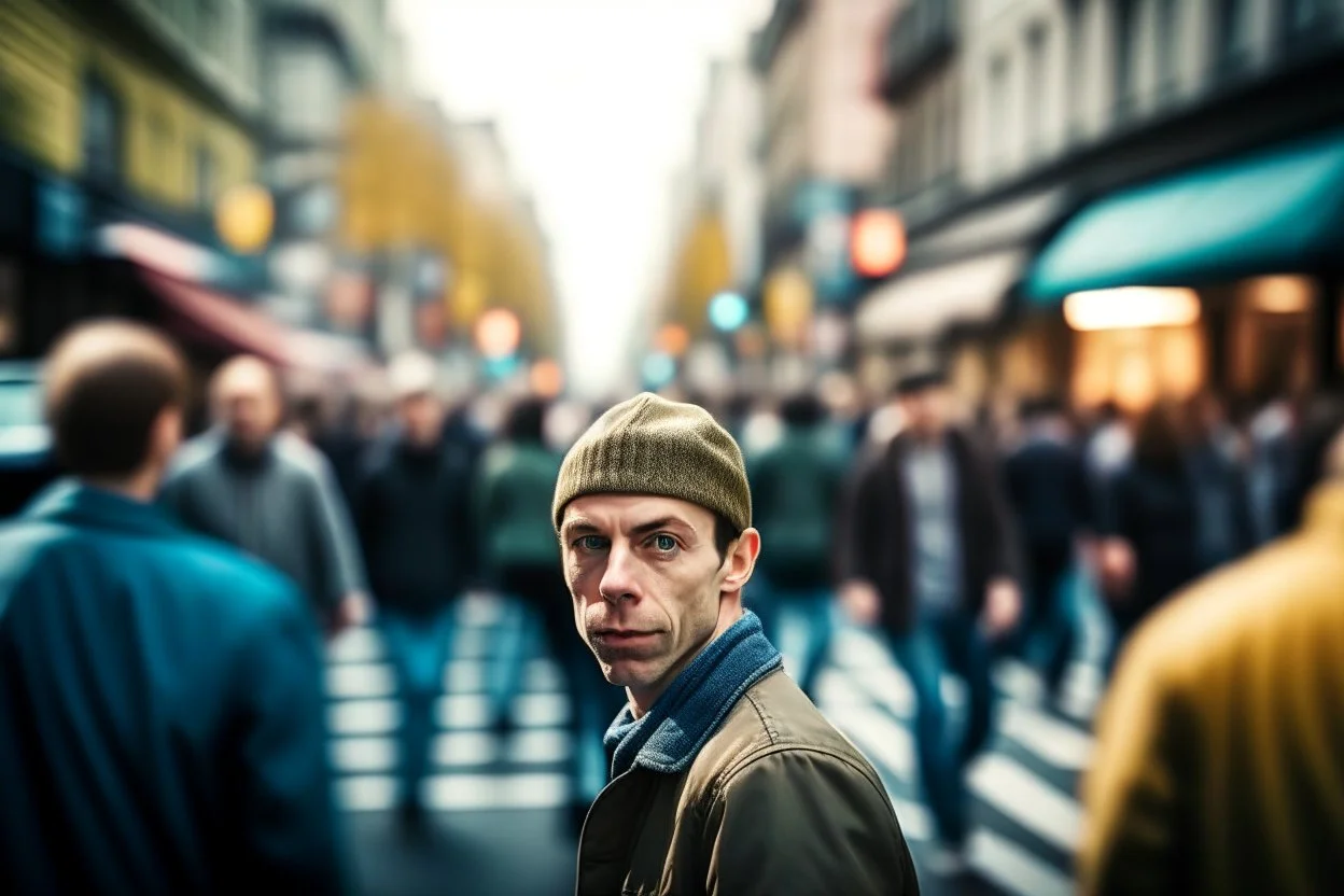 persona mirando de frente en la calle. Fotografía realizada con cámara Leica y objetivo de 35 mm. Fotografía realista y en color. Fondo desenfocado