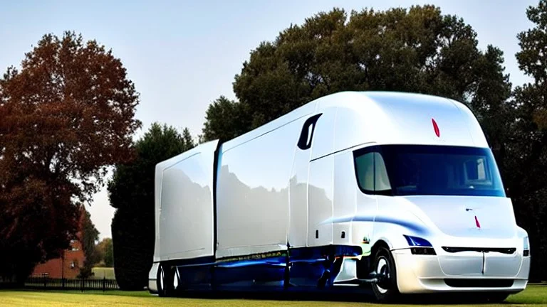 A Tesla semi-truck is parked, by the mansion of the 'Gone with the Wind' film. CINEMATIC. WIDE ANGLE LENS. PHOTO REAL.