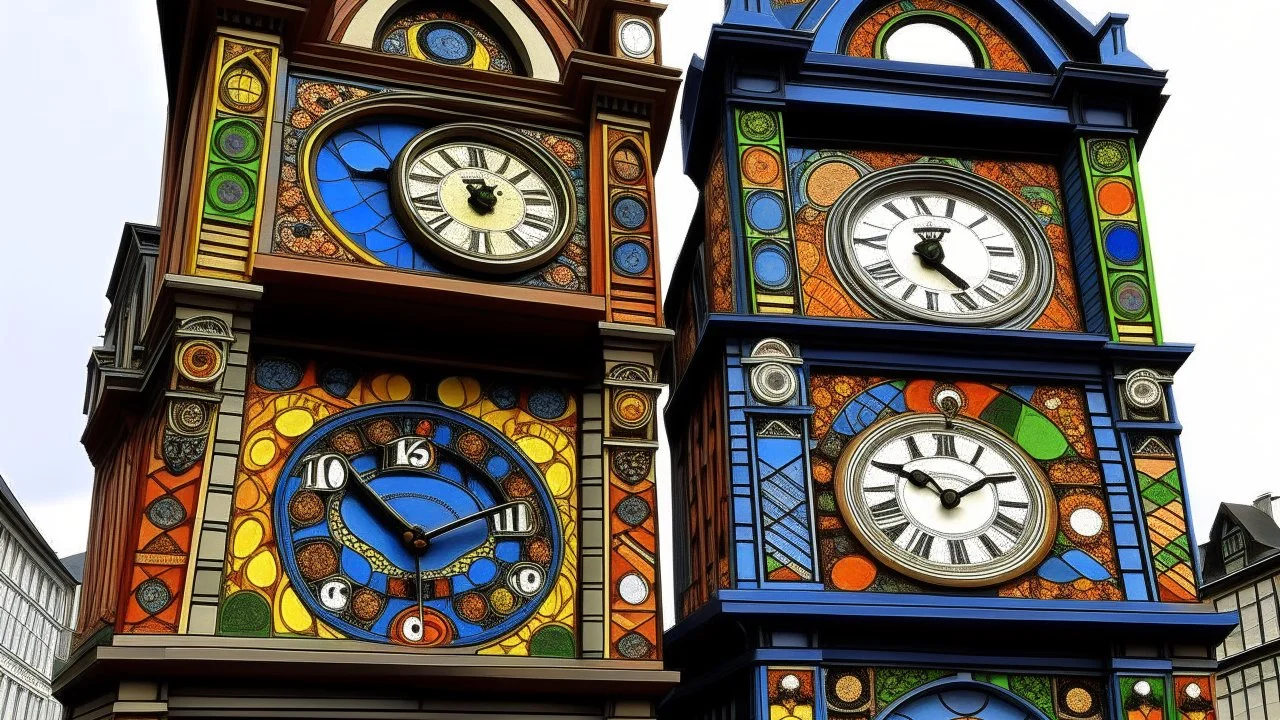 Towers with German folk art clocks painted by MC Escher