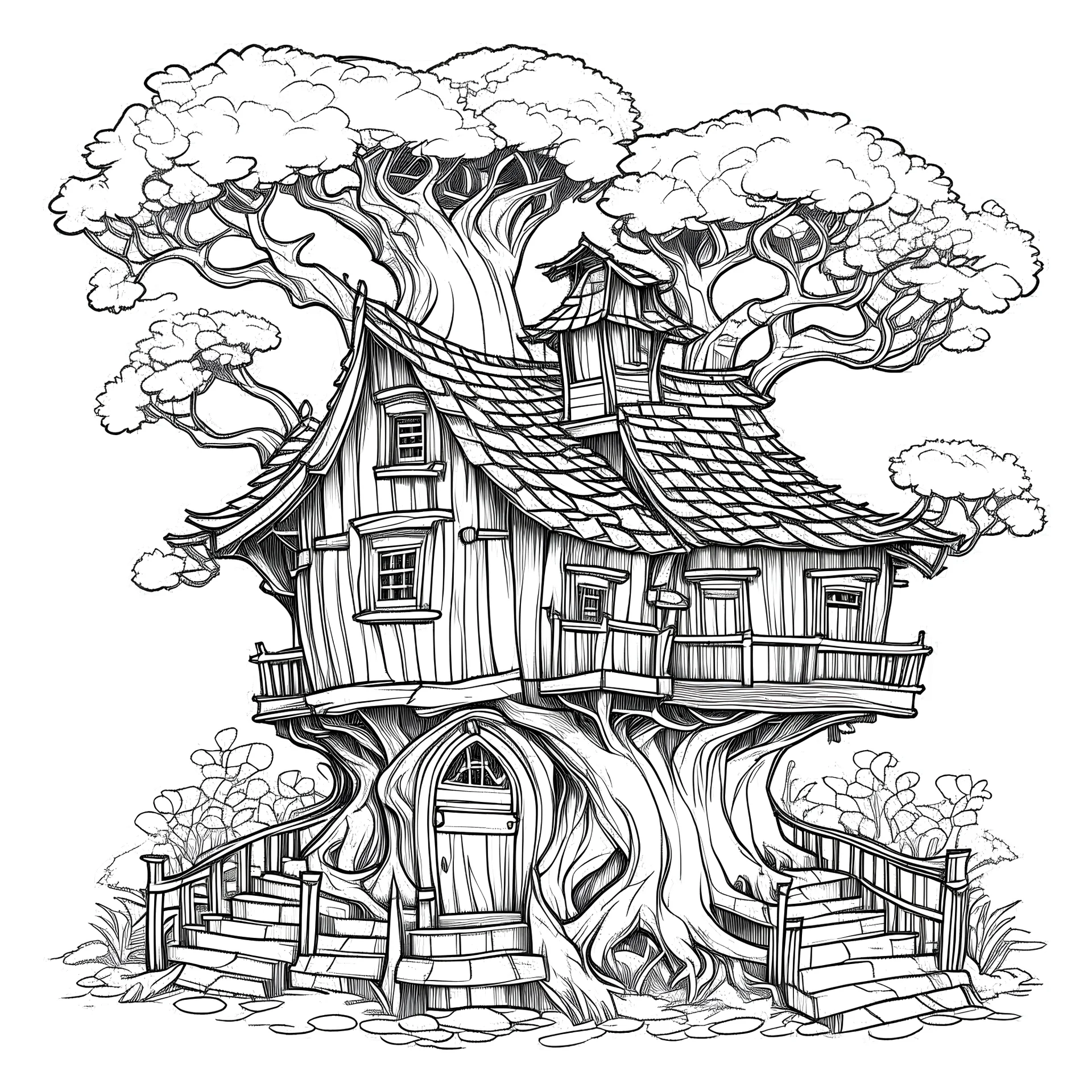 outline art for square twisted old tree cottage coloring page for kids, classic manga style, anime style, realistic modern cartoon style, white background, sketch style, only use outline, clean line art, no shadows, clear and well outlined