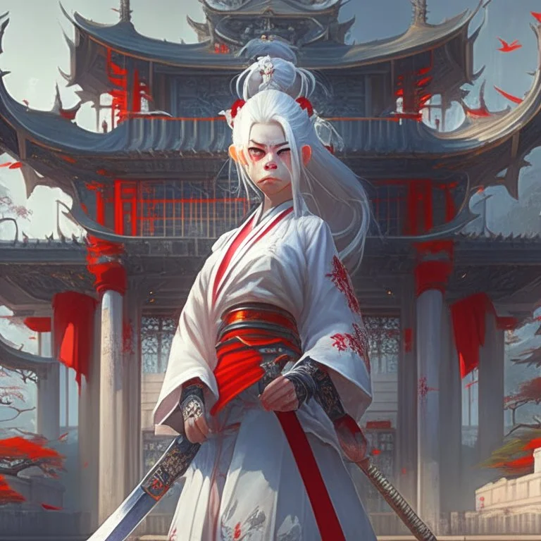 UHD, hd, 8k, oil painting, hyperrealism, Very detailed, zoomed out view, full character in view, white hair female demon character wearing a hanbok with a white top and long red bottom, she holds a katana in her right hand, she stands in front of a Japanese style palace digital art, anime, full details