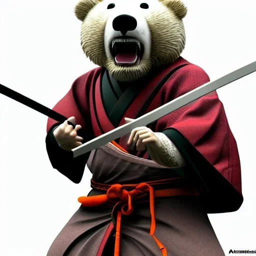 Un ours blanc, anthropomorphique, habillé comme un samurai, portant un katana très detaillé, réaliste, très détaillé, représentation 3d, un maximum de détail