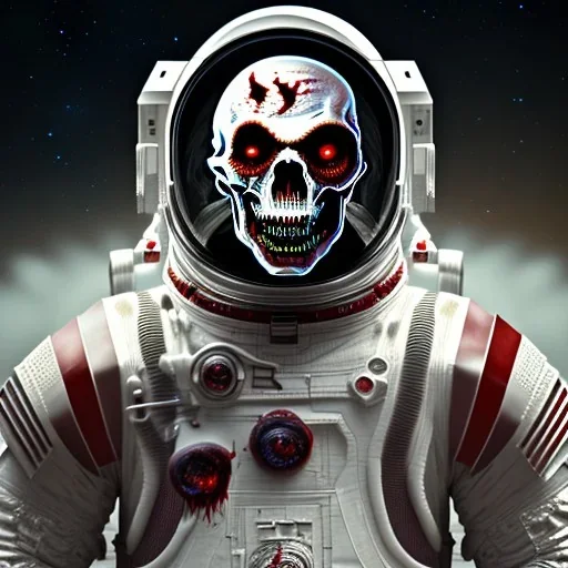 Highly detailed image of undead scary evil zombie astronaut with iridescent blood red space suit,missing helmet face shield,face of a zombie,dark fantasy,science fiction horror,evil, murderous,haunting,scary intricate details, cinematic, 8k, ultrarealistic, unreal engine,Norman Rockwell style, HR Giger style