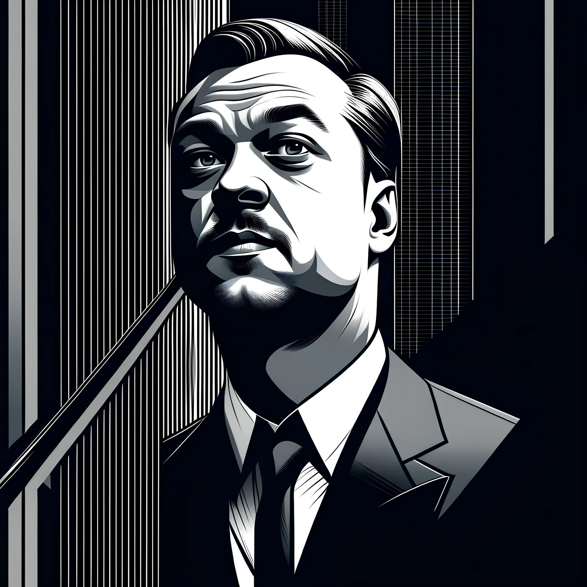 generate a detailed illustration of a businessman with Leonardo Dicaprio's face climbing stairs, focus on navy blue, black and white colors.