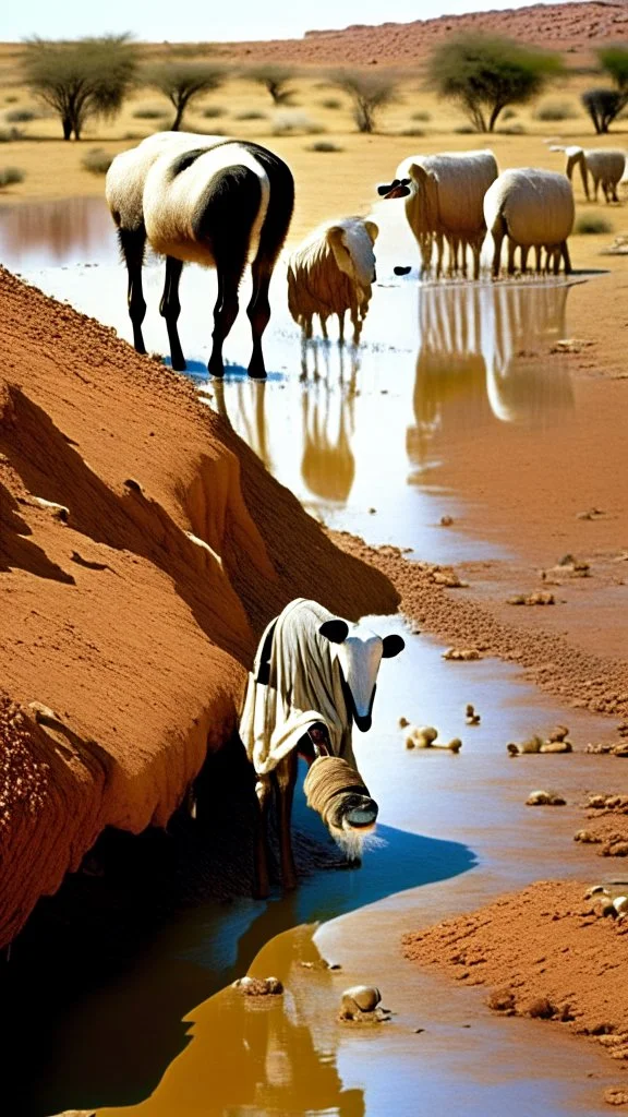 Africa, farming, sheep drinking from river and desert, farmers