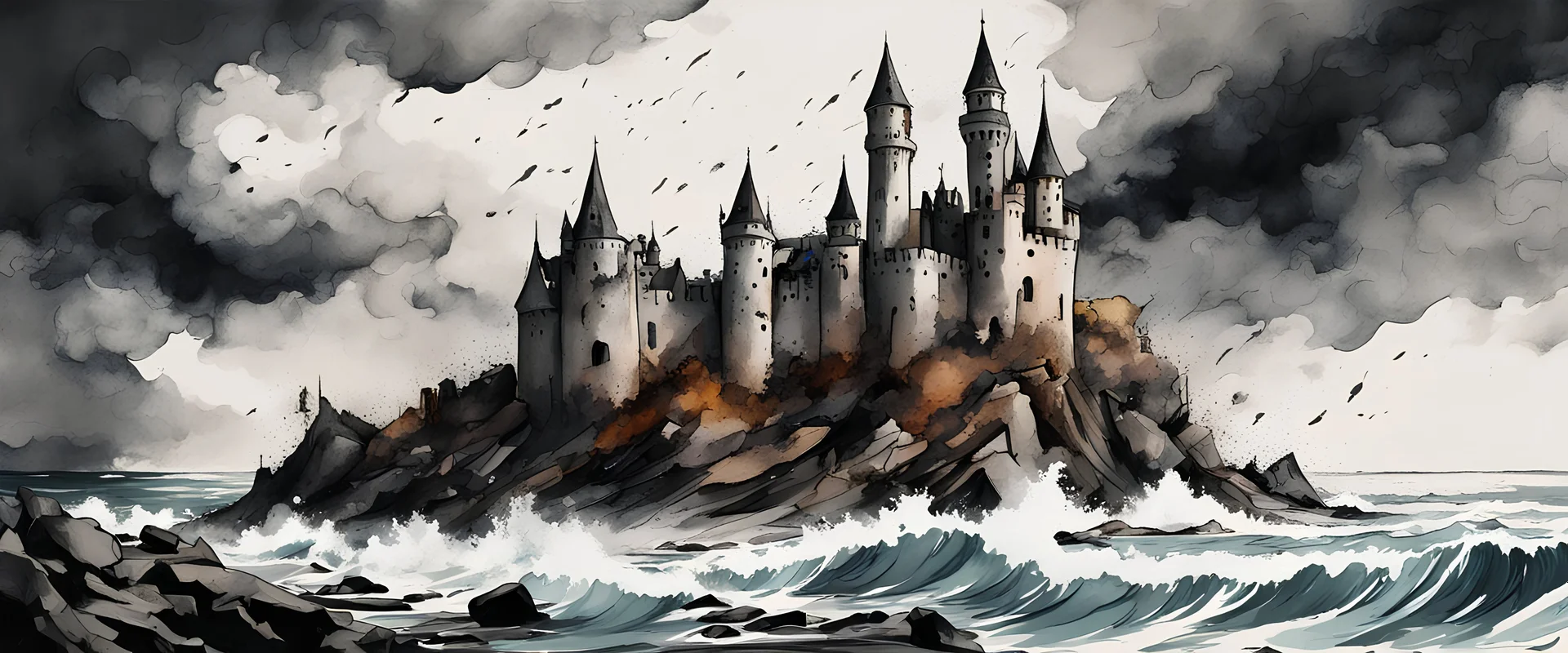 Castle on a coastline with stormy sea Zur's Weirding in modern european ink painting art style metal sea shell coloured ink splats