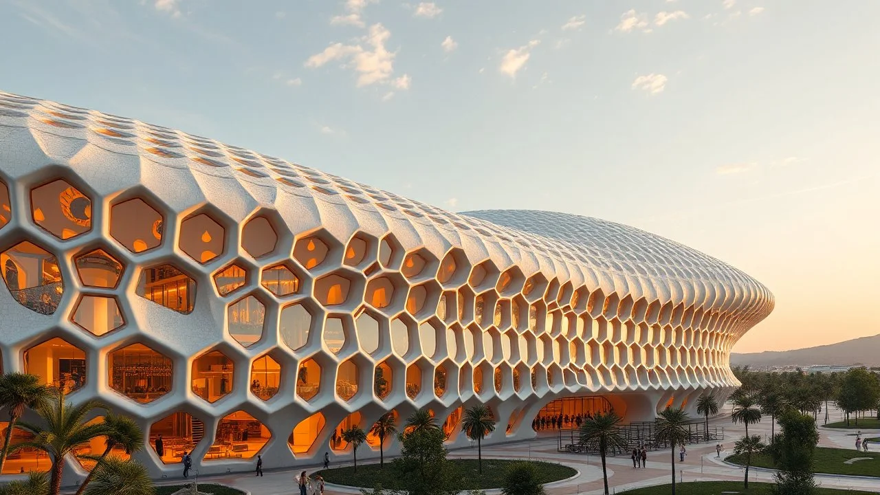 A sprawling structure with a shell-like, curved exterior made of cutting-edge, solar-absorbing materials. The building features an array of hexagonal windows that maximize natural light and provide a futuristic, honeycomb aesthetic. Award-winning photograph, beautiful composition, exquisite detail and illumination