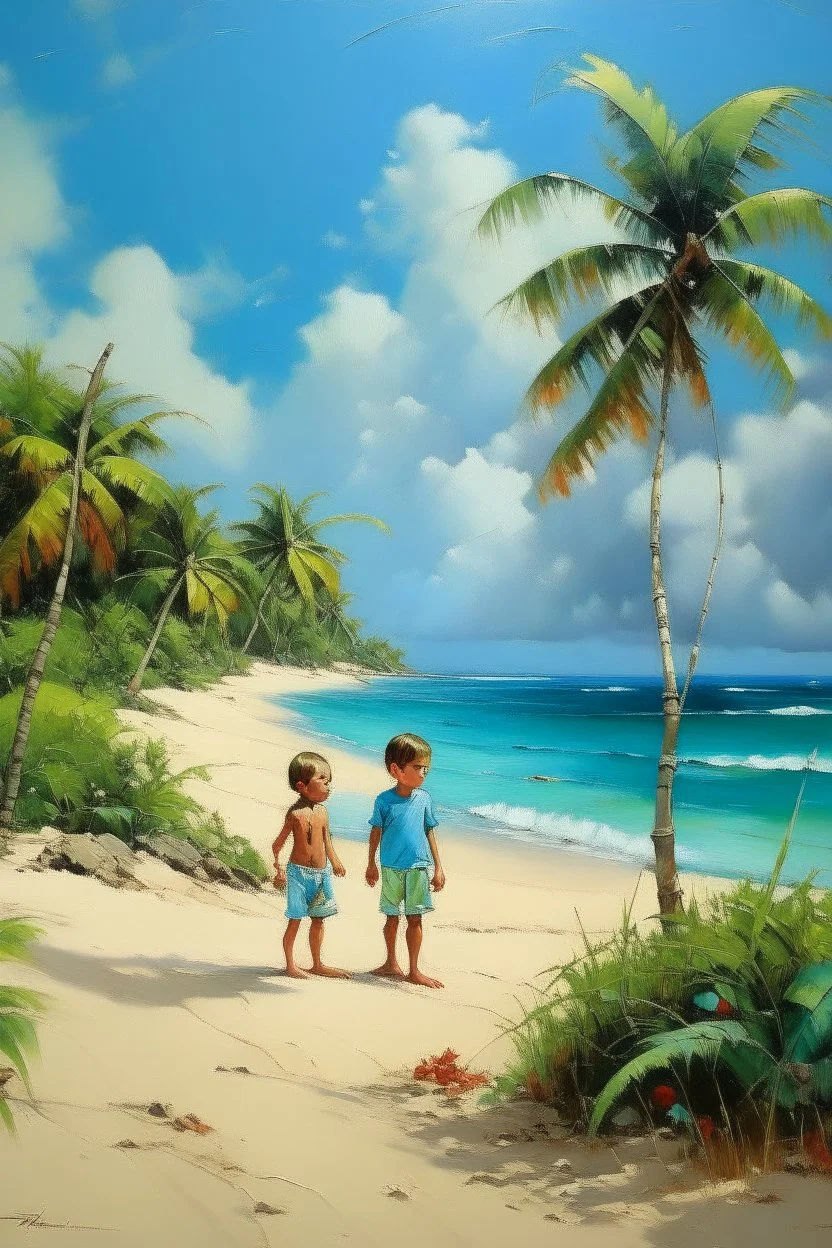 tropical beach two childeren paining neoclassism