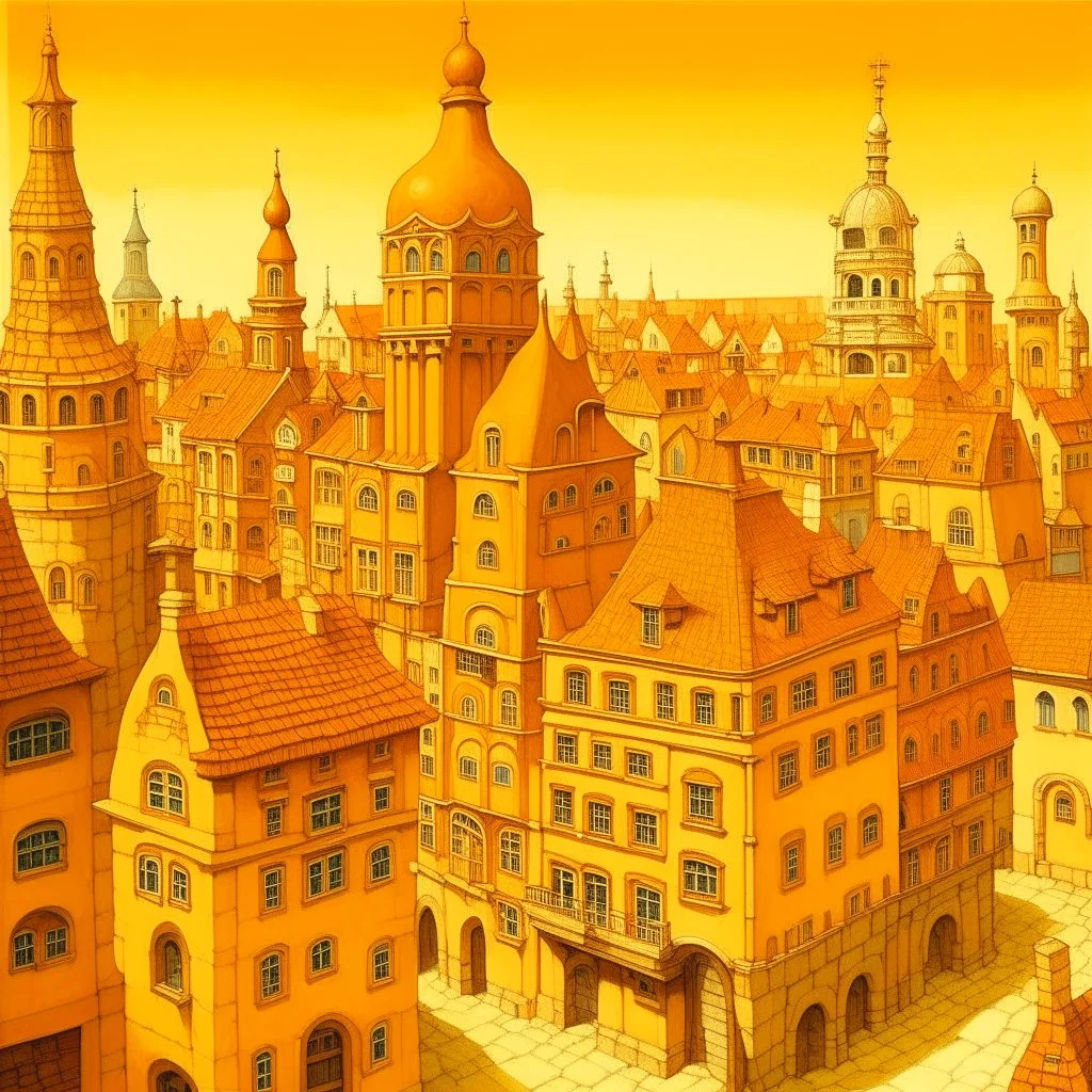 A yellowish orange colored city with saxophone shaped buildings painted by the Limbourg brothers