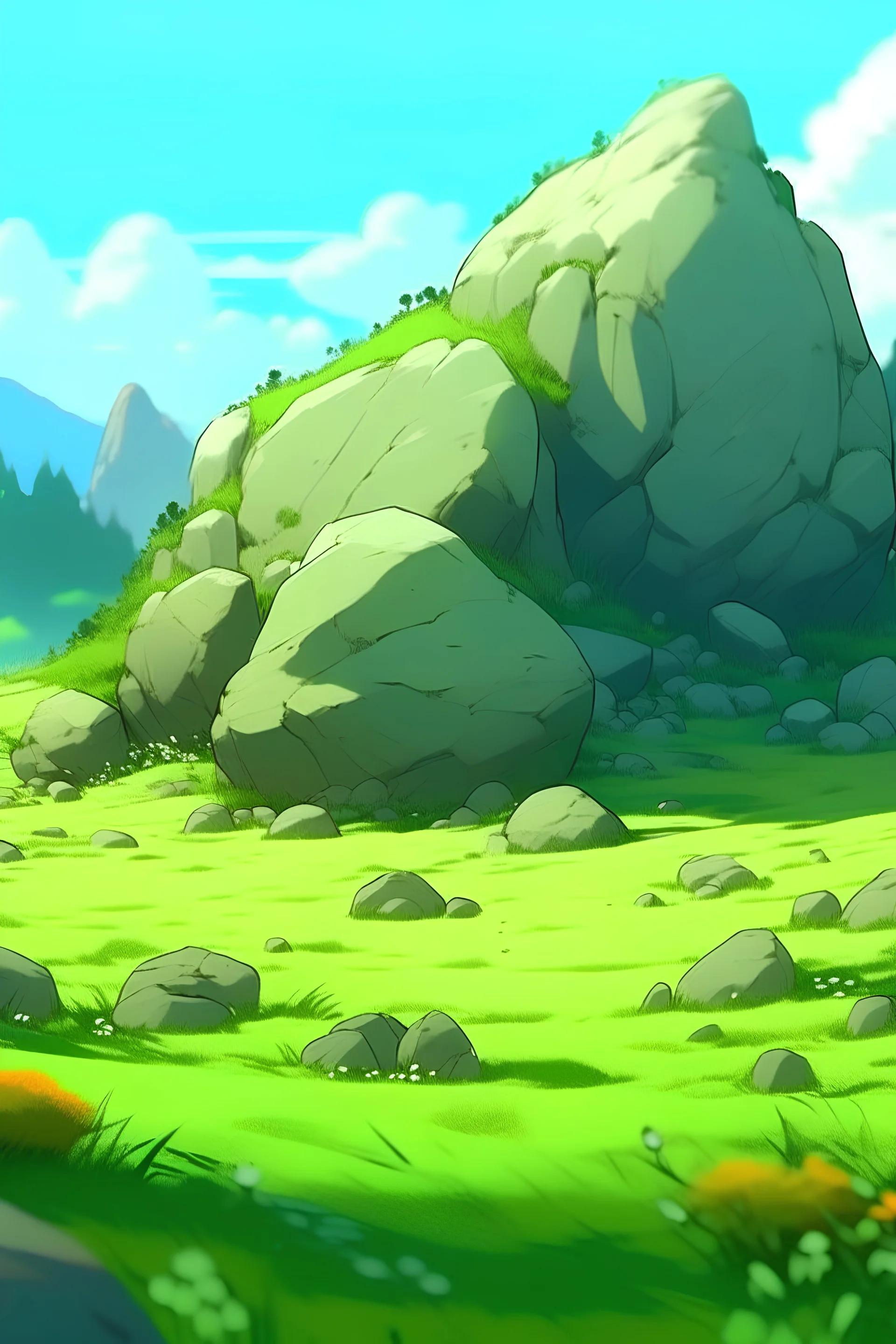 stylized interesting not real meadow rocks varations different shapes ghibli
