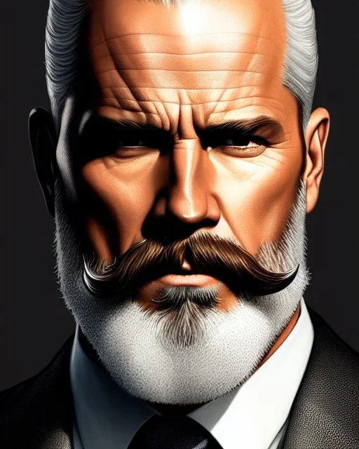 "MIddle aged white human male, with a trimmed but uneven beard, piercing eyes with slick back hair, full-scale head and shoulders portrait, 8k resolution concept art portrait by Greg Rutkowski, Artgerm, WLOP, Alphonse Mucha dynamic lighting hyperdetailed intricately detailed Splash art trending on Artstation triadic colors Unreal Engine 5 volumetric lighting Splash art fantasy"