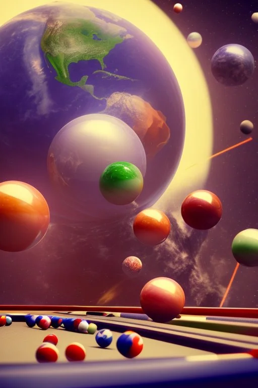 Aliens playing pool with the balls being planets. The main ball is planet earth. High resolution, 3d render and 8k