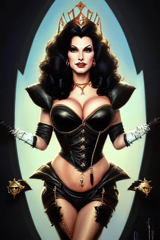 painting of lisa ann as evil queen in black leather, feminie, angry, stern look on her face, volouptous, busty, cleavage, emperious, mature, highly detailed, digital painting, artstation, concept art, smooth, sharp focus, illustration, art by gaston bussiere and alphonse mucha