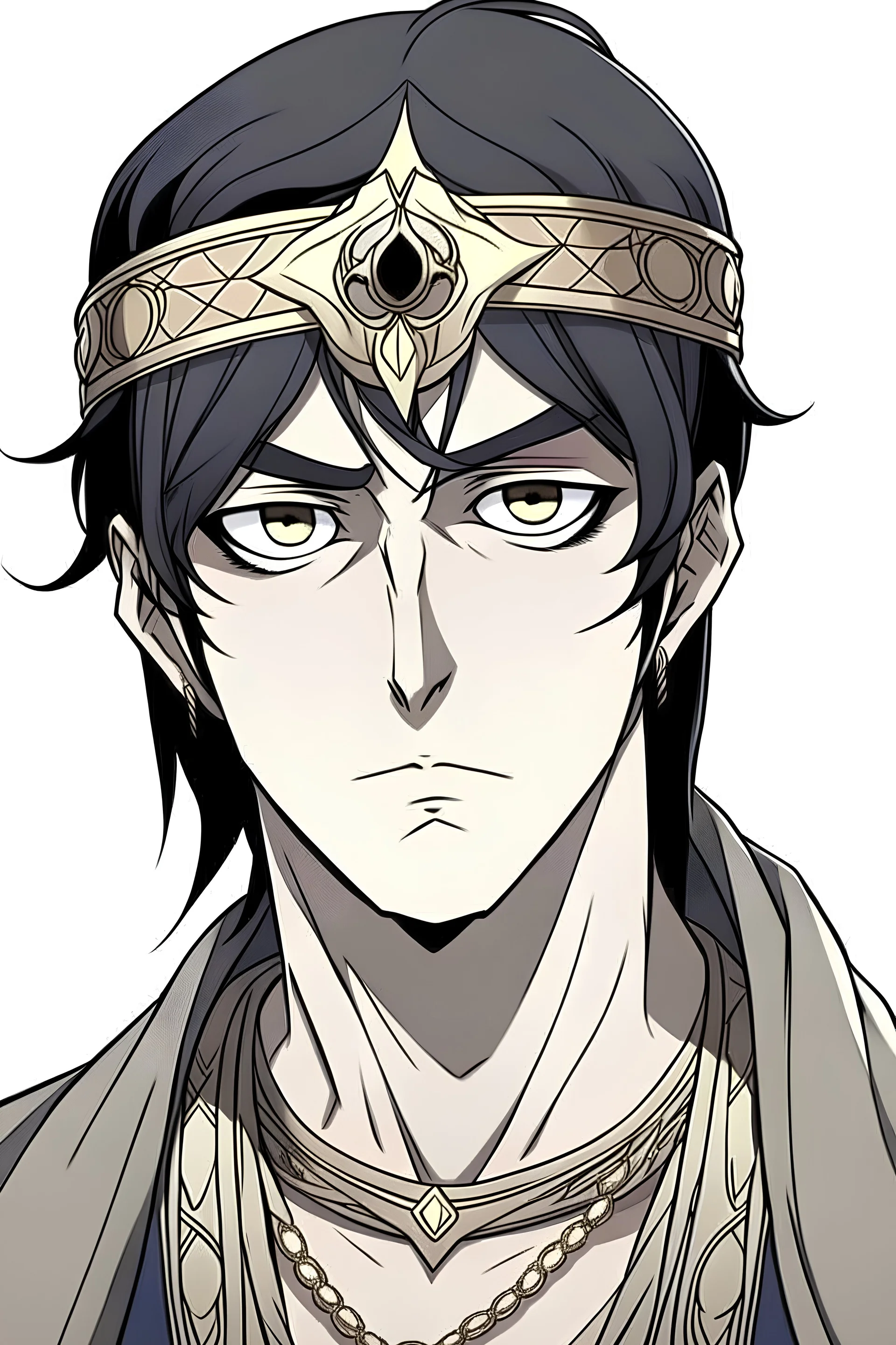 "Draw an Arabian king with sharp features, black hair, and large eyes. His features are scary and cold, and his hair reaches his shoulders." In anime style and he is sexy