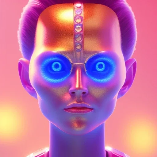 A portrait of a crystalised blue pink extraterrestrial, gold, sunny background, atmospheric, realistic, unreal engine, 8k. Cinematic lighting, octane render.