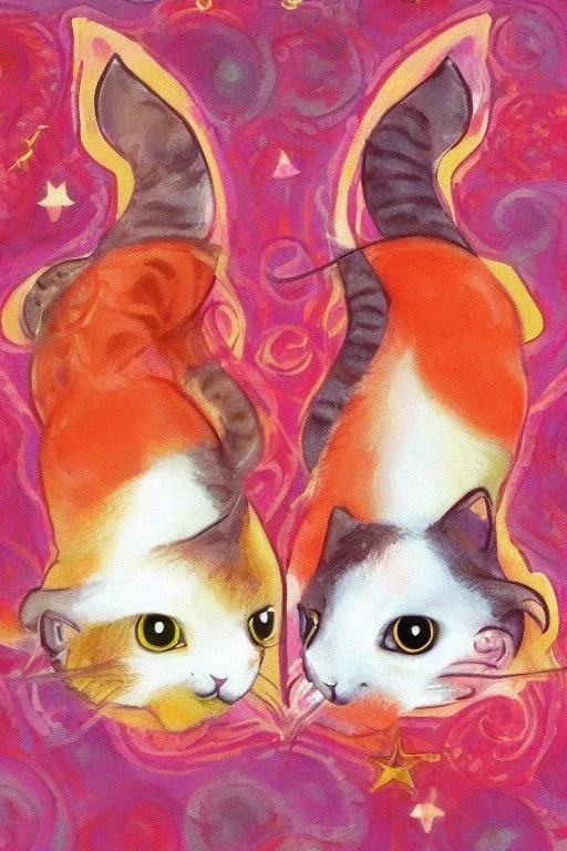 Gemini zodiac sign, cats, pink, orange, red, hyper realistic