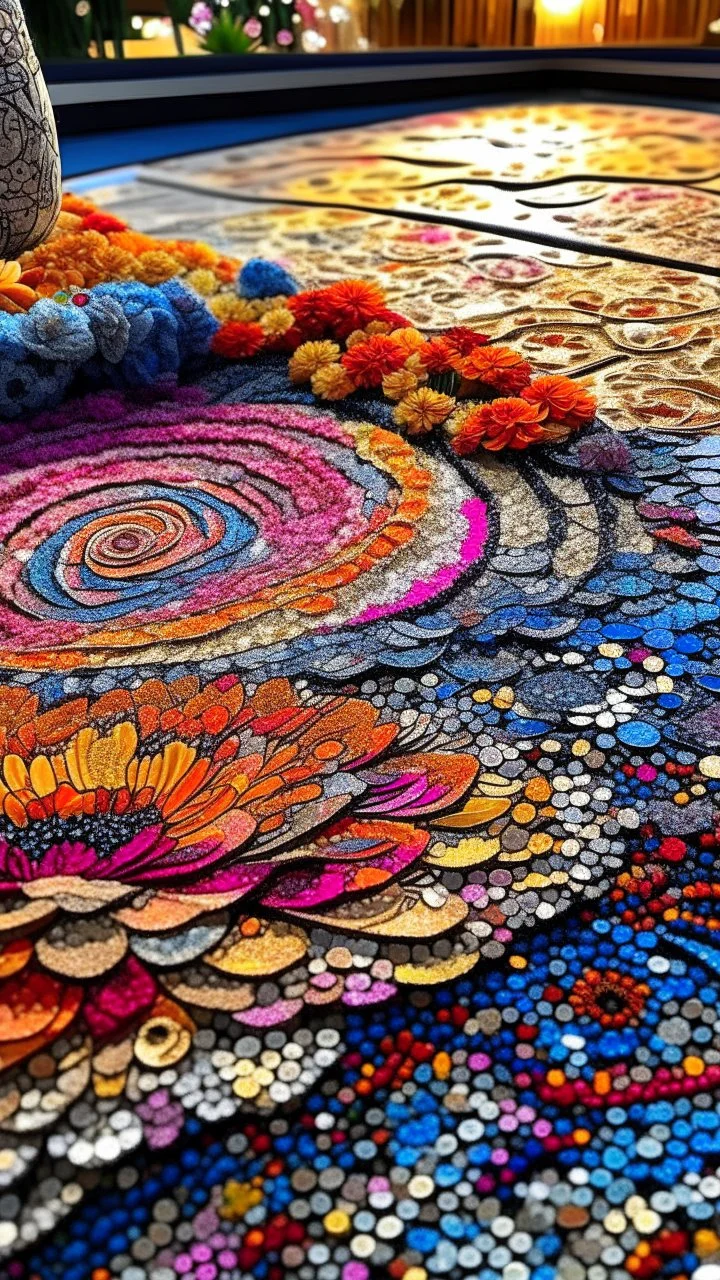 "Midnight Serenade unique" low view angle shot down sunset large close up a beautiful street with colorful wild flowers on both sides , granite terrazzo motifs with puzzle modern , clothing is decorated with colorful filigree abstract, Collage chutes papiers magazines,Spirograph background by Nisa Kiley, Textile Artist،