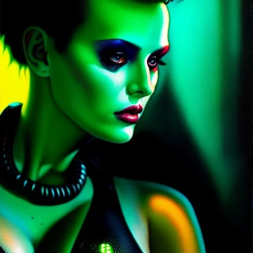 portrait oil on canvas, beautiful punk busty female Cyborg, looking to viewer, sad green eyes, post-apocalyptic in a cyberpunk city,minimal skintight suit, blade runner, comic book cover, mystical colors, neon, insanely detailed,realistic,intrincate detail, 16k resolution, masterpiece, Adam hughes