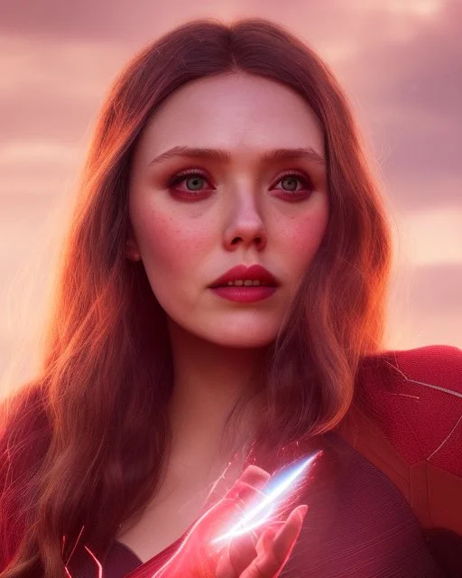 Feiticeira escarlate, Elizabeth Olsen, feiticeira, magia, rosto detalhado belo, bonita, cenário em um campo de flores, cinematográfico, dramático, por do sol, campo de flores, cores frias